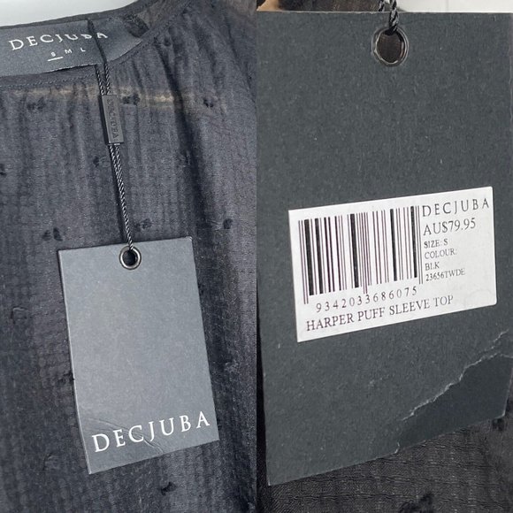 NWT Decjuba Black Harper Puff Sleeve Top Blouse Size S Cotton Blend Sheer Dobby - Picture 9 of 9